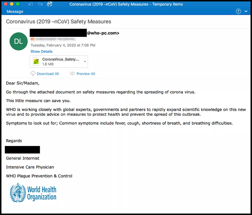 Fake COVID-19 email