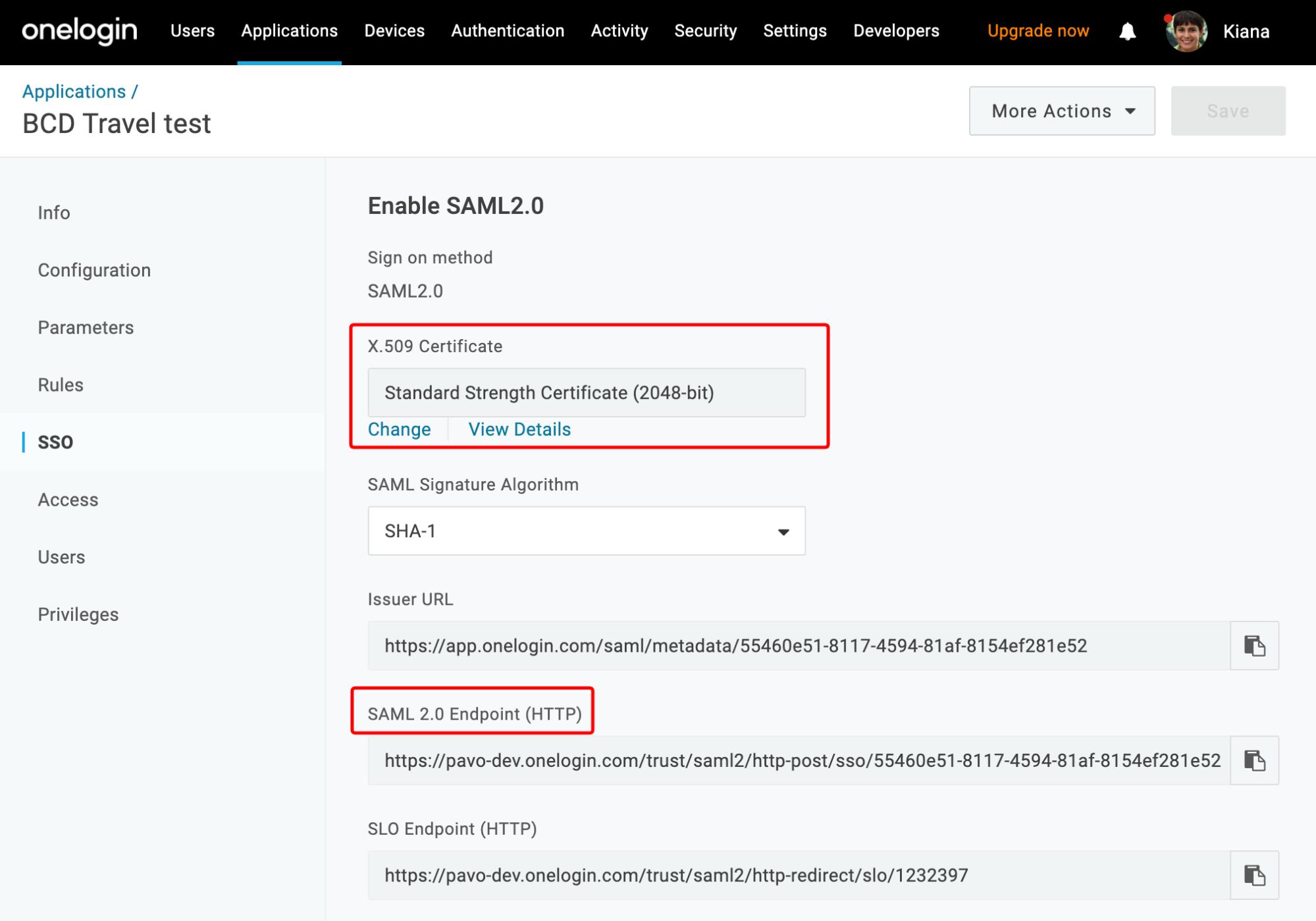SAML endpoint, SHA fingerprint, and X.509 certificate in OneLogin administration view